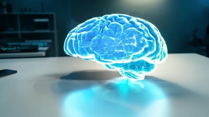 Wall Mural - A hologram of a human brain is displayed prominently in a modern laboratory, with researchers observing its intricate details.