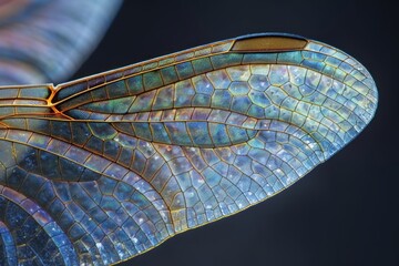 Macro shot of a translucent, delicate dragonfly wing with iridescent, shimmering patterns