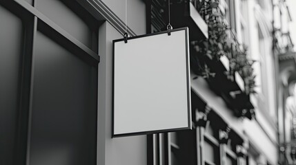 Blank hanging wall sign mockup square modern style outdoor signage with copy space black and white company signboard to add logo or text