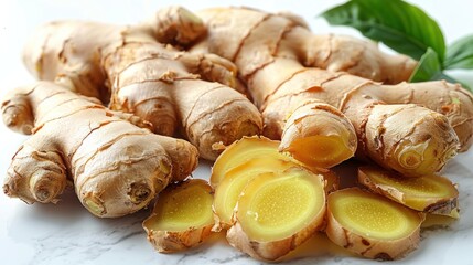 Fresh Ginger Root Slices On White Marble