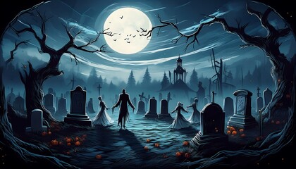 Wall Mural - graveyard under an ominous moonlit sky