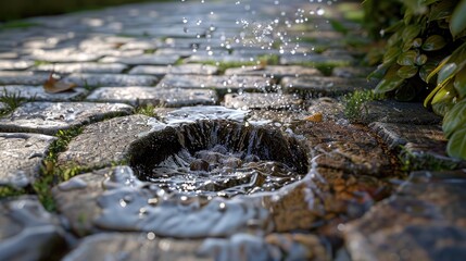 Cement block driveway with excess ground water flowing out of a small sinkhole