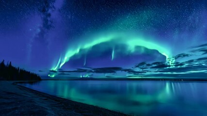 Wall Mural - a starry sky and aurora over a lake and sea at night