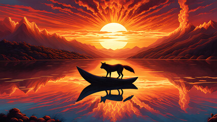 Poster - silhouette of a fox on a boat with a very beautiful sunset background, background, wallpaper