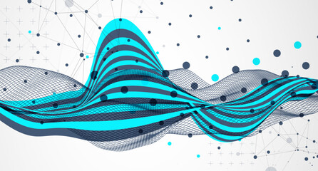 Wall Mural - Abstract wavy background with cyan lines and wireframe wave. Hand drawn vector.