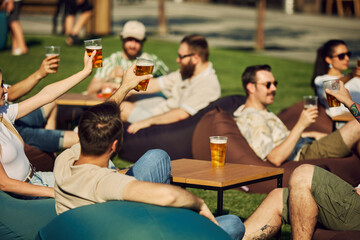 Wall Mural - Sunny Celebration. Group of friends, gathering for a picnic, sharing laugh and engaging conversation while clinking beer glasses. Concept of summer, leisure, friendship, meeting, fun, relaxation