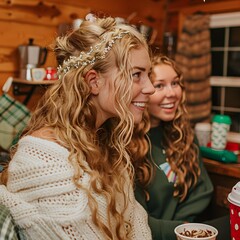 Wall Mural - Two Blonde Caucasian Women Smiling at Each Other While Sitting in a Cozy Cabin