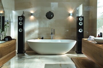 a large white bath tub sitting in a bathroom