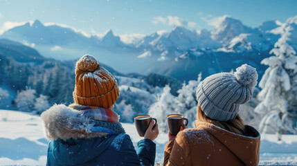 People in warm clothes hold a mug of hot drink and look at the snowy mountain landscape. 