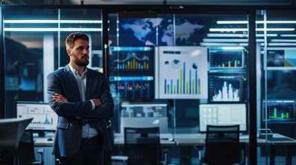 Wall Mural - businessman is standing with arms crossed in a modern office with multiple screens displaying charts