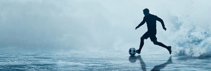 Canvas Print - A silhouette of a soccer player dribbling the ball on a misty field, symbolizing determination, perseverance, skill, passion, and a challenging environment.