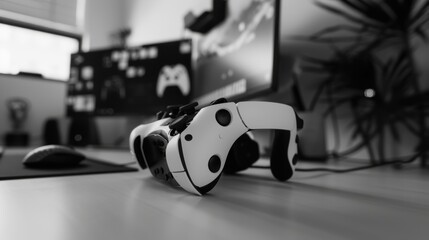 Virtual reality headset lying on desk with computer gaming setup visible in background in black and white