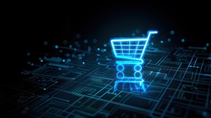 Digital shopping cart icon glowing in blue on black background symbolizing online shopping, modern technology, e commerce concept