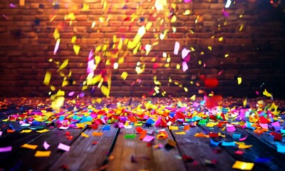 Wall Mural - Colorful confetti falling on a wooden floor against a brick wall background.