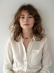 Wall Mural - Portrait of a Young Woman with Blonde Curly Hair Wearing a White Shirt