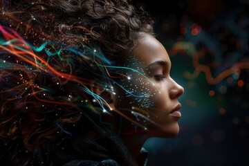 A curly-haired individual with light streaks and sparkles represents the intersection of human emotion and cutting-edge technology in an imaginative, colorful visualization.