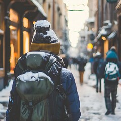 Wall Mural - Backpacker Walking Through Snowy City Street