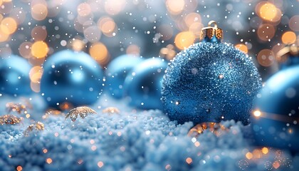 Wall Mural - Blue Christmas Background with Snowflakes and Christmas Balls: No Text, No Title in Picture, Cinematic Lighting, Design Stage