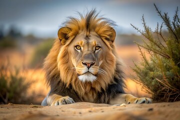 Close-up image of a majestic lion lying on the sandy ground, surrounded by dry vegetation, capturing the strength and regal presence of this iconic wild animal.