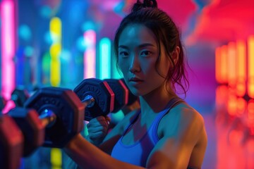 Woman Lifting Weights In Neon Lights