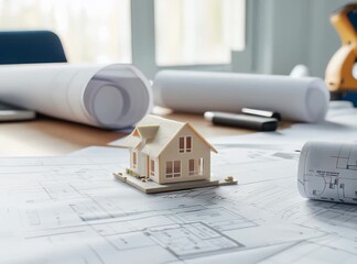 Wall Mural - architects desk with blueprints and a small house model