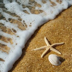 Wall Mural - Close up of sea beach sand with wave foam, starfish and shell landscape view, image generative ai