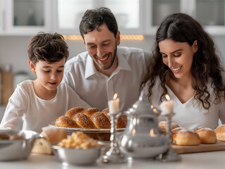 Parents and son come together for a festive Shabbat dinner, complete with challah bread and glowing candles at the family table.