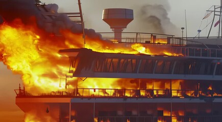 Poster - abandoned cruise ship with massive fire engulfing multiple decks