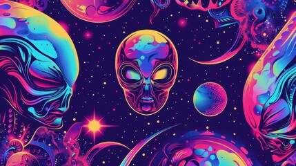 Wall Mural - vibrant cosmic dreamscape with alien and planets illustration