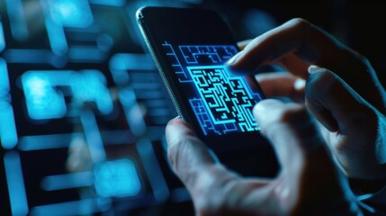 Software developer browsing smartphone with abstract code interface in the late evening at the office