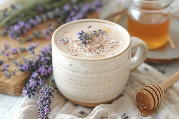 A close-up of a lavender latte with honey, garnished with fresh lavender sprigs