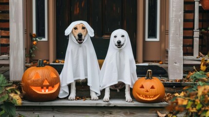 Wall Mural - Two dogs dressed in Halloween costumes stand in front of a house with a pumpkin