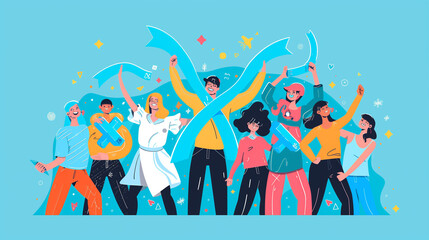 Wall Mural - World Diabetes Day, illustration of people from different backgrounds holding diabetes awareness symbols, blue background with blue ribbon symbolizing diabetes awareness, Ai Generated Images