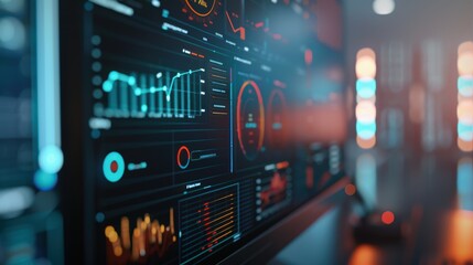 Wall Mural - computer screen showing infographics with charts, graphs, and other data visualizations, with a blur