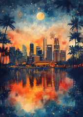 Wall Mural - High resolution watercolor style illustration of Singapore national day