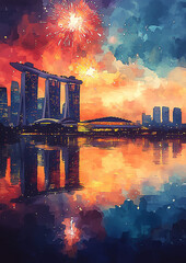 Wall Mural - Watercolor style Singapore national day high resolution illustration