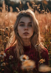 Poster - Portrait of a Woman with Blonde Hair and Freckles in a Field of Flowers