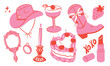 © Anna - Set of cute trend illustrations of hand drawn sketch girly cowgirl hat, cowboy boots, coquette bows, birthday cake, women's accessories, pink color bohemian collection