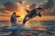 © Gatherina - Group of killer whales jumping out of water at sunset
