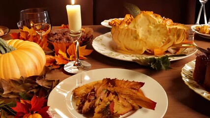 Wall Mural - A table is set for a fall dinner with a variety of food and autumn decorations. The table is covered with a pumpkin, leaves, and other fall items