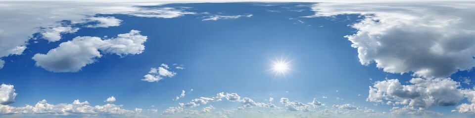 Wall Mural - blue sky hdri 360 panorama with awesome curly white clouds with zenith for use in 3d graphics as sky