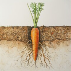 Wall Mural -  a color pencil drawing of one carrot showing its roots in the ground