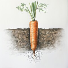 Canvas Print -  a color pencil drawing of one carrot showing its roots in the ground