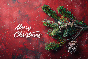 pine branches with pinecones and merry christmas text on red background. festive holiday composition