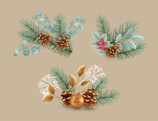 Sticker - A set of Christmas elements with fir branches, cones and decorative Christmas elements. Christmas and New Year decorations