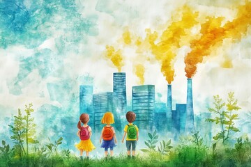 Wall Mural - basic drawing of kids measuring air quality, [air pollution], [environmental science], no logo, no t