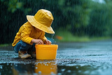 Wall Mural - minimalist kids collecting rainwater, [water conservation], [environmental learning], no logo, no tr