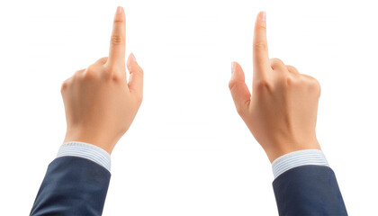  two hands in a business suit, with both index fingers pointing upwards. The gesture is clear and assertive cut out transparent isolated on white background PNG