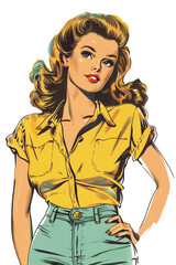 Wall Mural - vintage 1950s illustration woman in yellow shirt - transparent background png