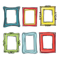 Handdrawn colorful picture frames set against white background, artistic sketch style. Collection includes various shapes designs, ready artworks photographs. Doodle frames red, yellow, green, blue